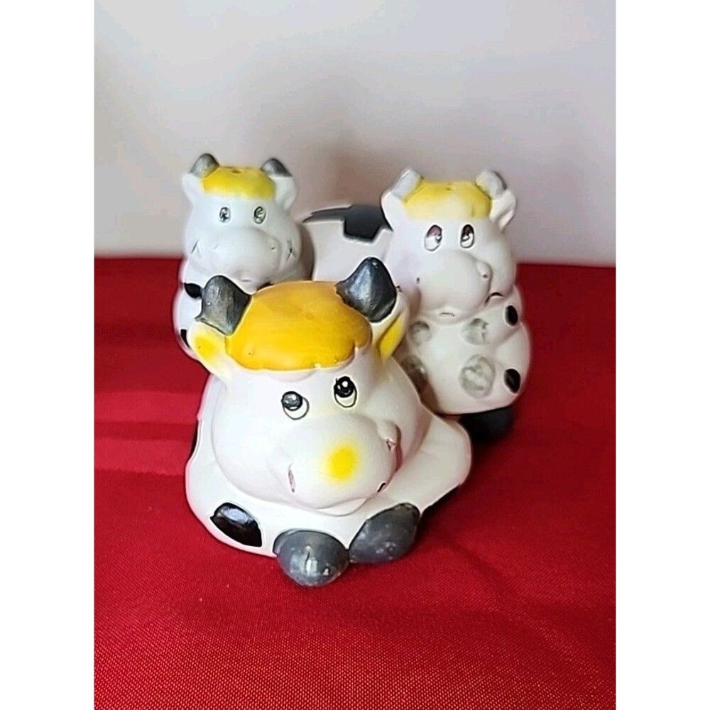 Vintage Cow Salt and Pepper Shaker Set with Napkin Holder Ceramic Farmhouse Sets